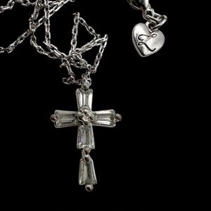 Diamond Cross Pendant Necklace Silver Tone Baguette CZ Clear Rhinestones Signed
